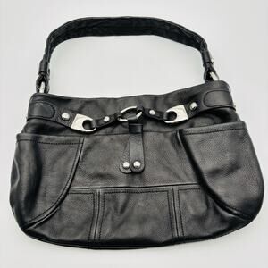 B. Makowski Black Leather Shoulder Bag with Silver Detail VG Condition
